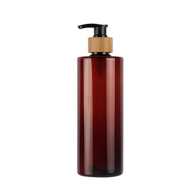 60ml 80ml 100ml 120ml 150ml 180ml 200ml 250ml 300ml Natuurlijke Elegante Amber Flat Shoulder PET Fles Met Natuurlijke Bamboe Lotion Pump